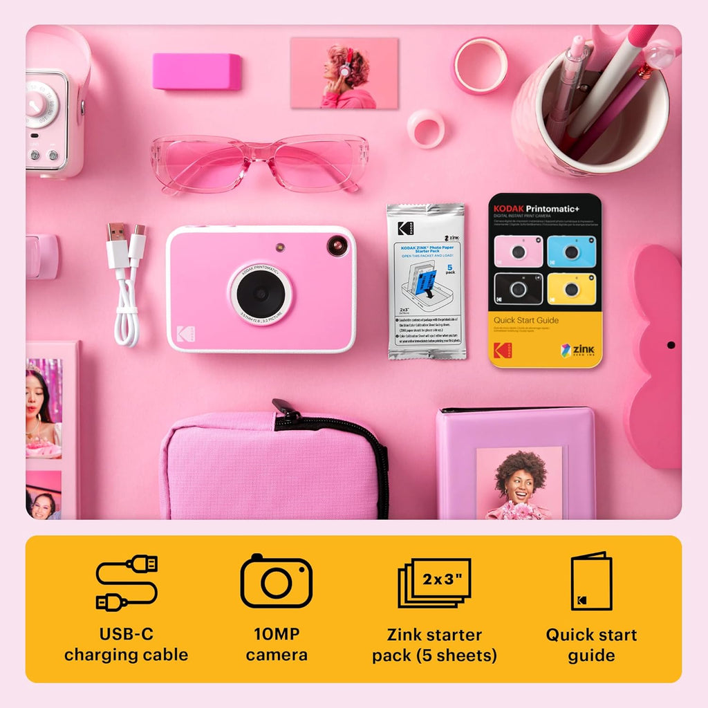 KODAK Printomatic+ Instant Print Camera (Pink) 10MP, RGB LED, Zink Ph ...
